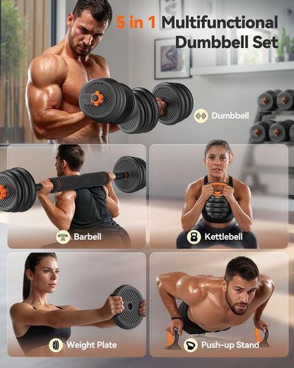 FEIERDUN 5-In-1 Adjustable Dumbbell Set 20/30/40/70/90LB – Convertible Free Weights to Barbell, Kettlebells, Push-Up Stand & Plates – Home Gym Equipment for Men & Women