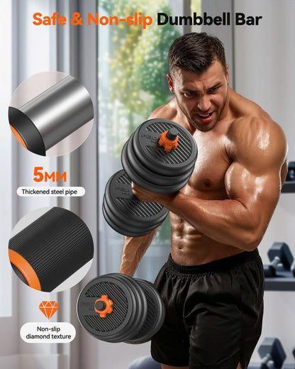 FEIERDUN 5-In-1 Adjustable Dumbbell Set 20/30/40/70/90LB – Convertible Free Weights to Barbell, Kettlebells, Push-Up Stand & Plates – Home Gym Equipment for Men & Women