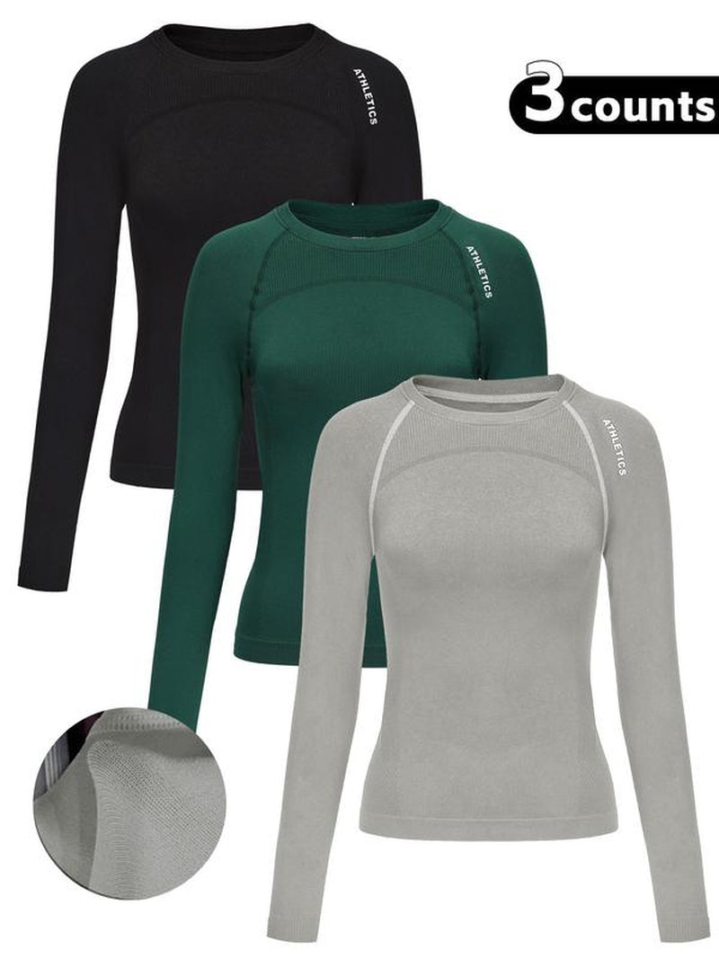 Women'S Letter Print Baselayer Top, Long Sleeve round Neck Compression Top for Yoga Gym Workout, Ladies Sportswear for Fall & Winter