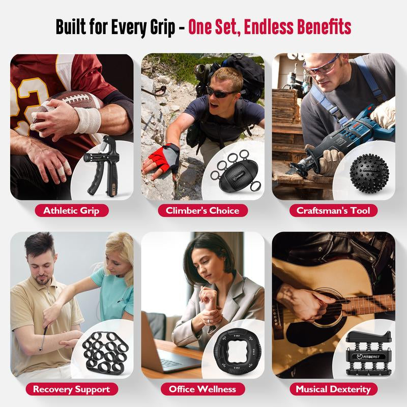 Fitbeast Adjustable Grip Strength Trainer Kit - 10-160 Lbs Pro Hand and Forearm Strengthener with Multi-Function Massage Balls for Therapy and Recovery