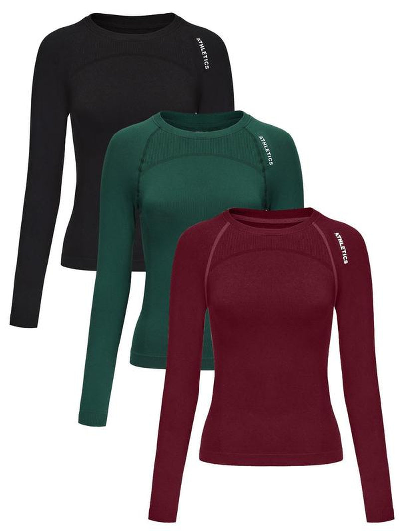 Women'S Letter Print Baselayer Top, Long Sleeve round Neck Compression Top for Yoga Gym Workout, Ladies Sportswear for Fall & Winter