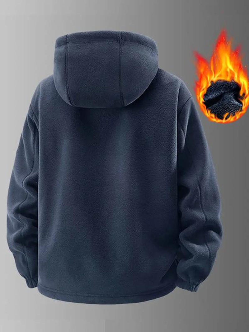 Men'S Heavyweight Double-Sided Fleece Jacket with Full-Zip Closure & Hood - Thick Winter Warm Coat, Multi-Pocket Design, Machine Washable Polyester for Camping, Hiking, Outdoor Activities - Durable Casual Outerwear Non-Stretch Fabric Embroidery Detail