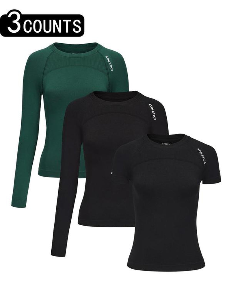 Women'S Letter Print Baselayer Top, Long Sleeve round Neck Compression Top for Yoga Gym Workout, Ladies Sportswear for Fall & Winter