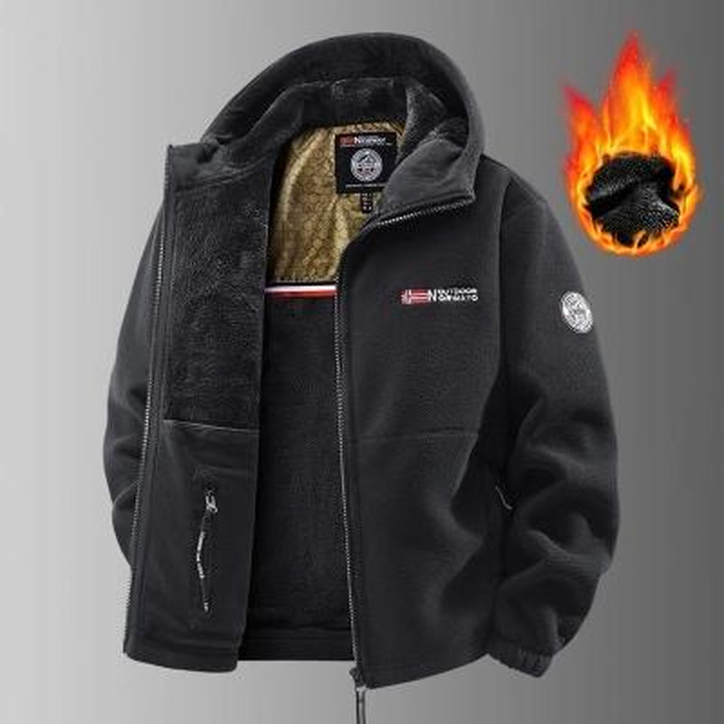 Men'S Heavyweight Double-Sided Fleece Jacket with Full-Zip Closure & Hood - Thick Winter Warm Coat, Multi-Pocket Design, Machine Washable Polyester for Camping, Hiking, Outdoor Activities - Durable Casual Outerwear Non-Stretch Fabric Embroidery Detail