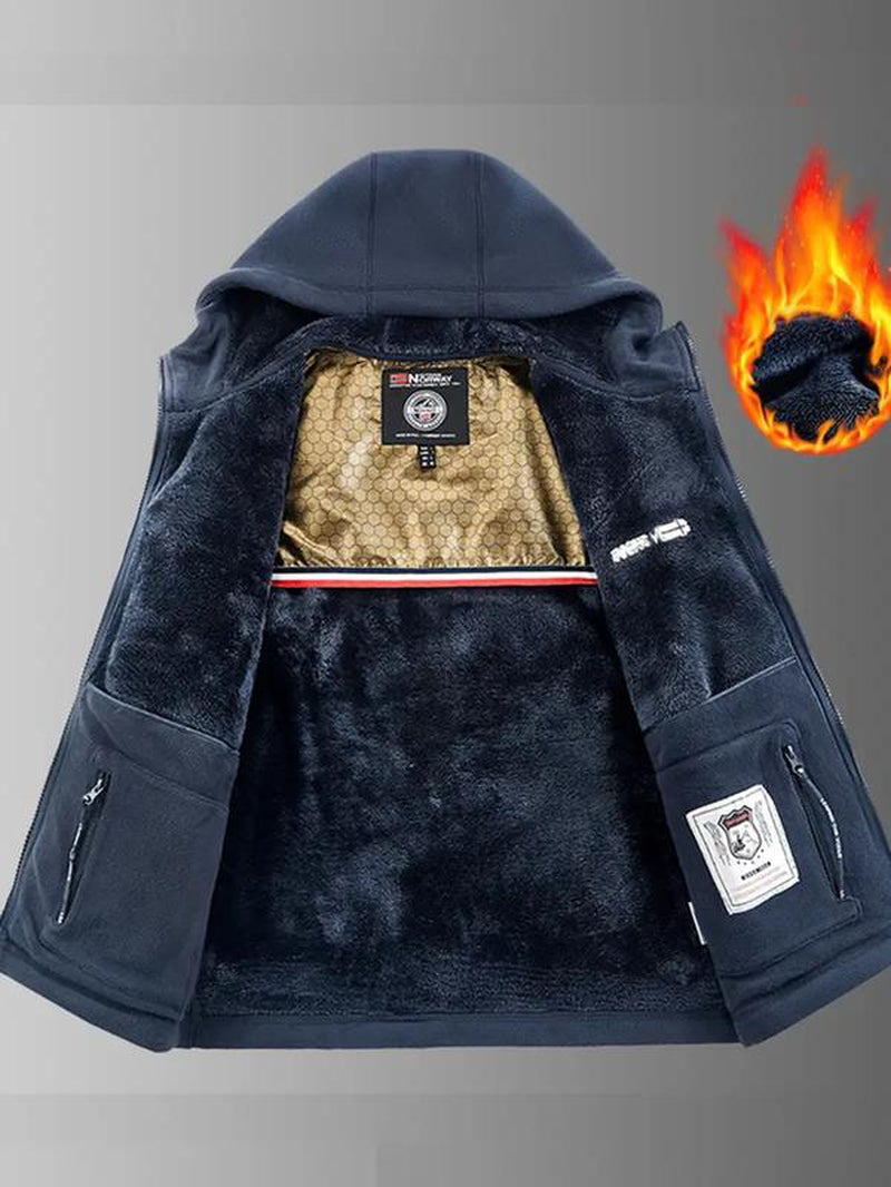 Men'S Heavyweight Double-Sided Fleece Jacket with Full-Zip Closure & Hood - Thick Winter Warm Coat, Multi-Pocket Design, Machine Washable Polyester for Camping, Hiking, Outdoor Activities - Durable Casual Outerwear Non-Stretch Fabric Embroidery Detail