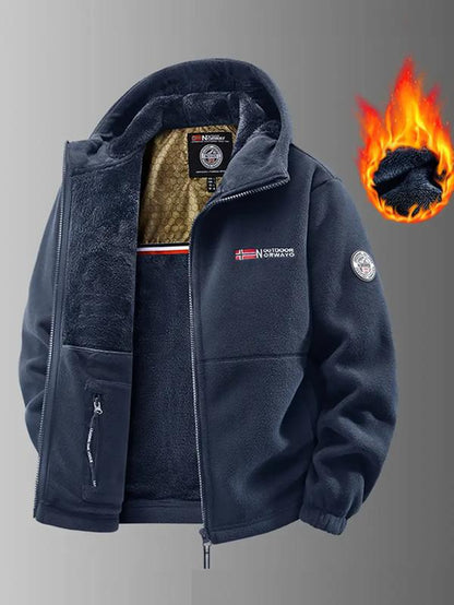 Men'S Heavyweight Double-Sided Fleece Jacket with Full-Zip Closure & Hood - Thick Winter Warm Coat, Multi-Pocket Design, Machine Washable Polyester for Camping, Hiking, Outdoor Activities - Durable Casual Outerwear Non-Stretch Fabric Embroidery Detail