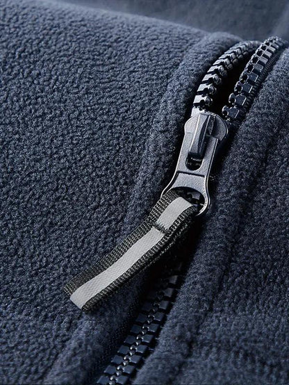 Men'S Heavyweight Double-Sided Fleece Jacket with Full-Zip Closure & Hood - Thick Winter Warm Coat, Multi-Pocket Design, Machine Washable Polyester for Camping, Hiking, Outdoor Activities - Durable Casual Outerwear Non-Stretch Fabric Embroidery Detail
