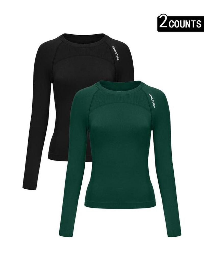 Women'S Letter Print Baselayer Top, Long Sleeve round Neck Compression Top for Yoga Gym Workout, Ladies Sportswear for Fall & Winter