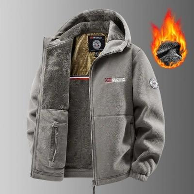 Men'S Heavyweight Double-Sided Fleece Jacket with Full-Zip Closure & Hood - Thick Winter Warm Coat, Multi-Pocket Design, Machine Washable Polyester for Camping, Hiking, Outdoor Activities - Durable Casual Outerwear Non-Stretch Fabric Embroidery Detail