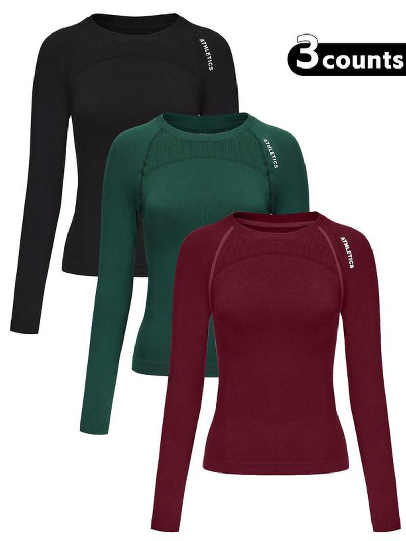Women'S Letter Print Baselayer Top, Long Sleeve round Neck Compression Top for Yoga Gym Workout, Ladies Sportswear for Fall & Winter