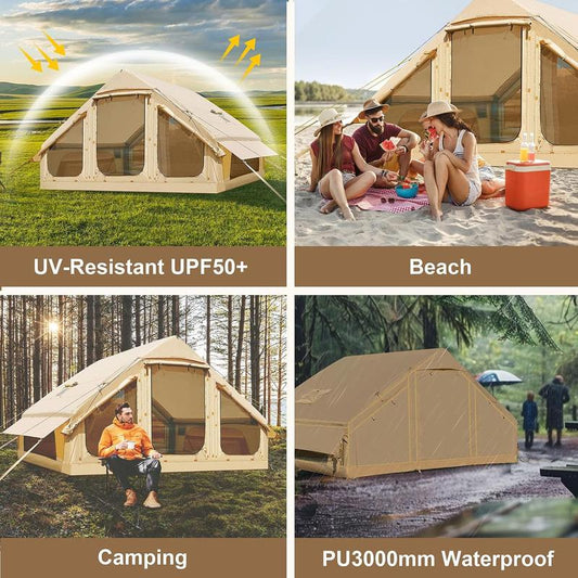 Docred Inflatable Tent for 4-6 People, 4 Season Glamping Tents with Pump, Easy Set up Waterproof Windproof Outdoor Blow up Tent, Luxury Cabin Tent with Mesh Windows & Doors