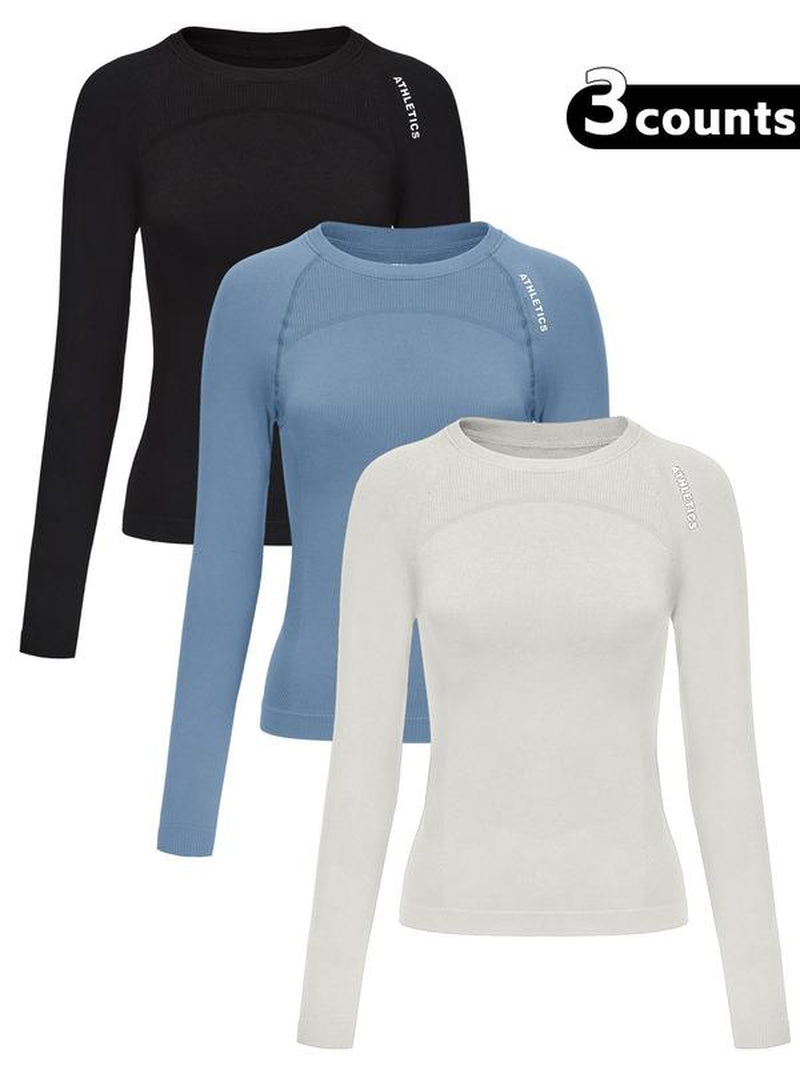 Women'S Letter Print Baselayer Top, Long Sleeve round Neck Compression Top for Yoga Gym Workout, Ladies Sportswear for Fall & Winter