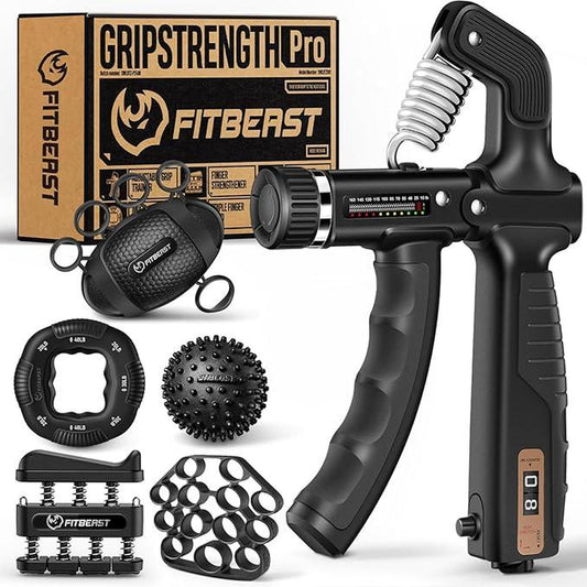 Fitbeast Adjustable Grip Strength Trainer Kit - 10-160 Lbs Pro Hand and Forearm Strengthener with Multi-Function Massage Balls for Therapy and Recovery