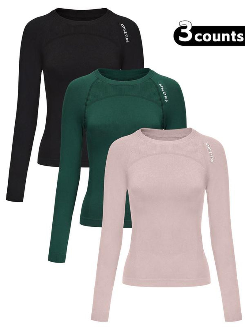 Women'S Letter Print Baselayer Top, Long Sleeve round Neck Compression Top for Yoga Gym Workout, Ladies Sportswear for Fall & Winter