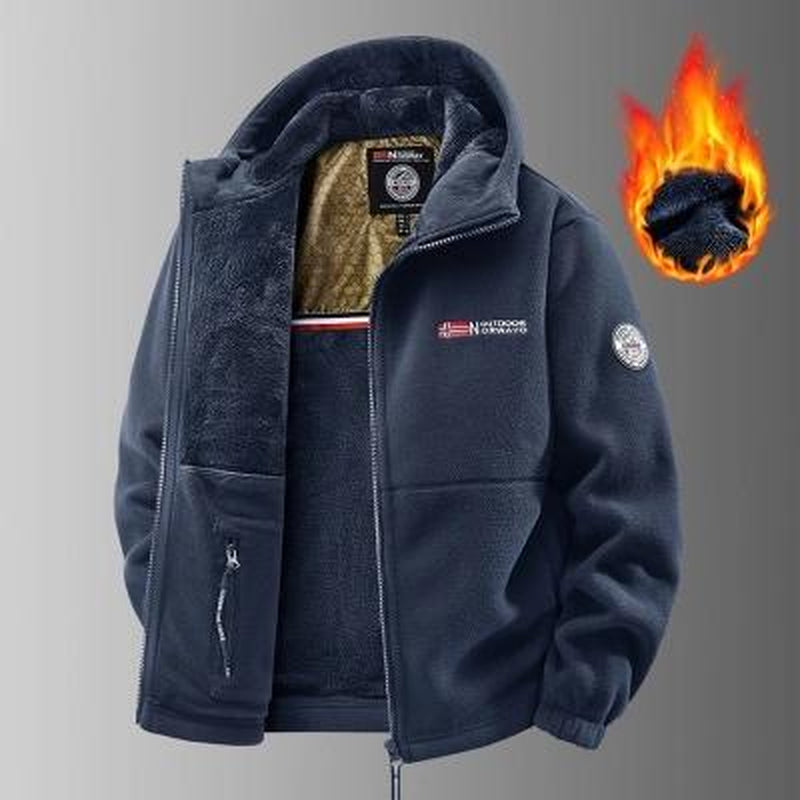 Men'S Heavyweight Double-Sided Fleece Jacket with Full-Zip Closure & Hood - Thick Winter Warm Coat, Multi-Pocket Design, Machine Washable Polyester for Camping, Hiking, Outdoor Activities - Durable Casual Outerwear Non-Stretch Fabric Embroidery Detail