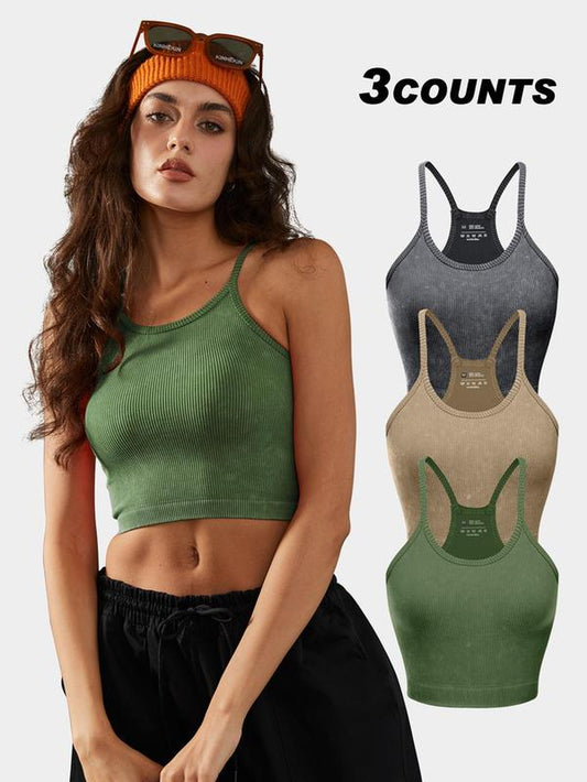 Women'S Textured Ribbed Sports Vest, Sleeveless Spaghetti Strap Crop Top for Yoga Gym Workout Running, Ladies Sportswear Clothing for Summer, Sleeveless Gym Tops, Minimalistic Activewear, Exercise Activewear, Athletic Training Apparel, Solid Color Tops