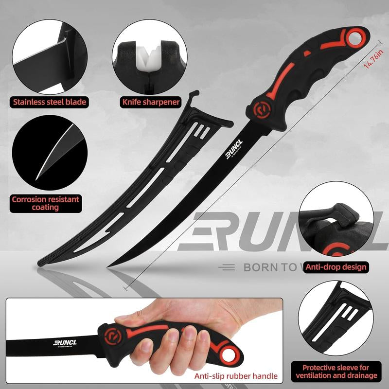 RUNCL 4Pc Fishing Tool Kit- Fishing Pliers, Fish Fillet Knife with Sharpener, Fish Lip Gripper, Fishing Braid Scissors, Saltwater Fishing Gear and Equipment with Sheath/Lanyard, Fishing Gifts for Men